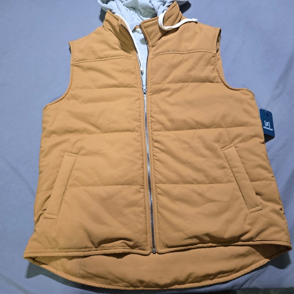George Puffer Vest Mens Large Brown Sweatshirt Hooded Quilted Jacket